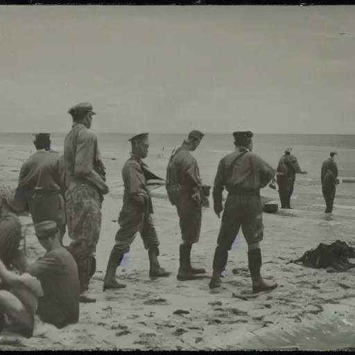 Image similar to 1940s photo, long shot, 5 soldiers looking at a huge creature washed up on a beach