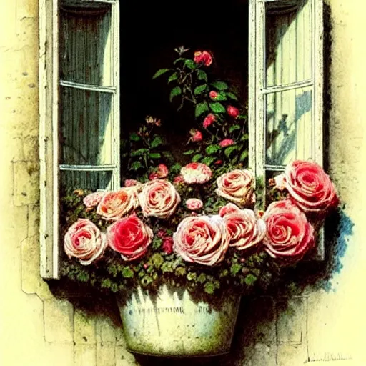 Image similar to ( ( ( ( ( intricate window with roses flower pot. muted colors. ) ) ) ) ) by jean - baptiste monge!!!!!!!!!!!!!!!!!!!!!!!!!!!