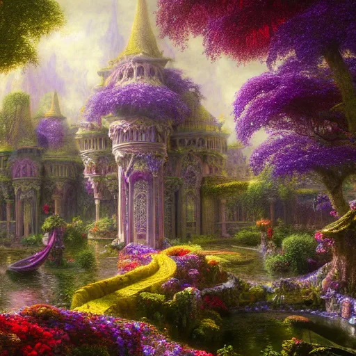 Prompt: a beautiful and highly detailed matte painting of a beautiful palace in a magical fantasy forest garden, colorful flowers, psychedelic style, epic scale, insanely complex, hyperdetailed, sharp focus, hyperrealism, artstation, cgsociety, 8 k, bright colors, by caspar friedrich, albert bierstadt, james gurney, brian froud,