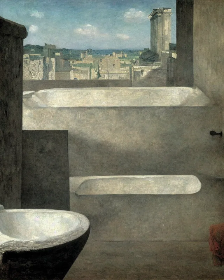 Image similar to achingly beautiful painting of solitary ancient roman bathtub by rene magritte, monet, and turner. piranesi.