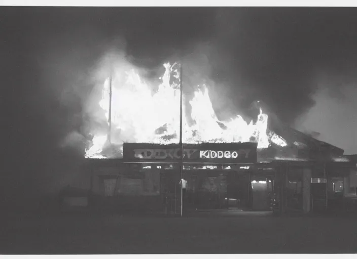 Image similar to an underexposed kodak 500 photograph of a bingo hall on fire