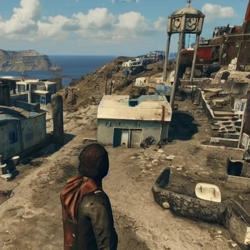 Image similar to Santorini, Greece in ruins post-nuclear war in Fallout 4, in game screenshot