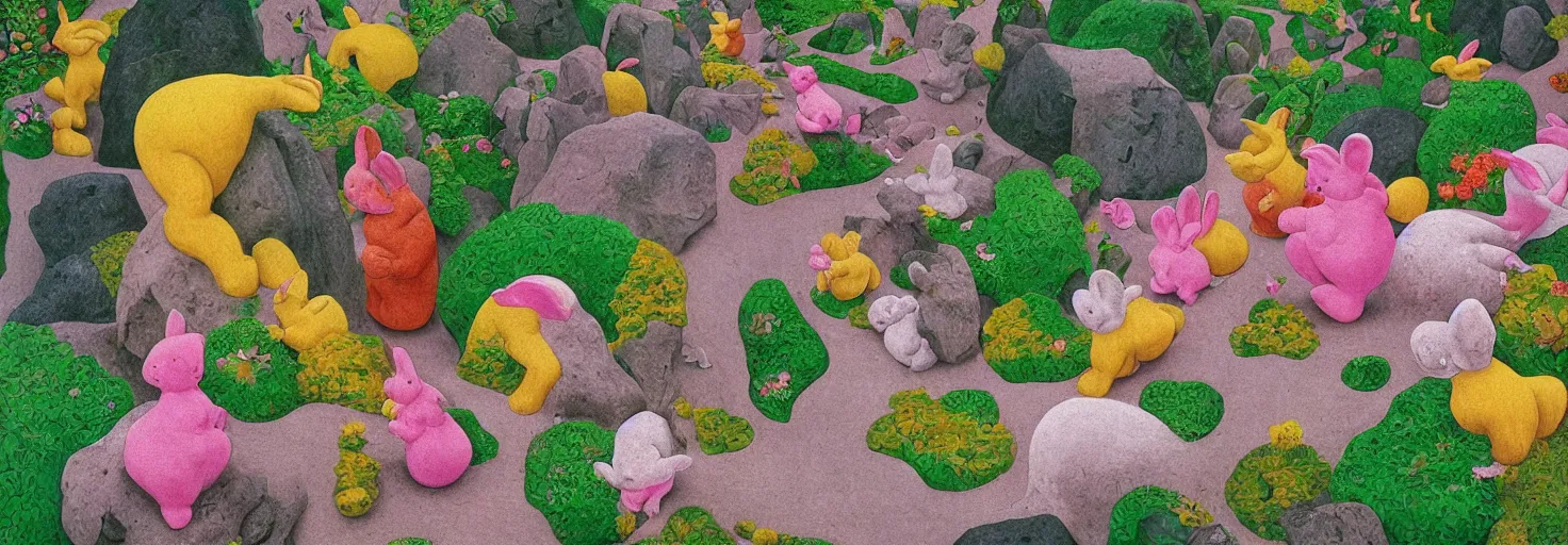 Image similar to a rock garden filled with pink rabbits, by m. c. escher, yellow, green, red, snowy, ultra sharp, ultra detailed, cyberpunk, happy, uplifting, colorized by salvador dali