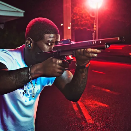 Image similar to angry gucci mane shooting and terrorizing people in the hood, 8k resolution, full HD, cinematic lighting, award winning, anatomically correct