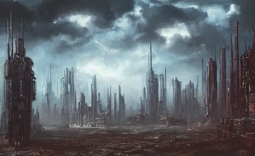 Image similar to a Dystopian gothic surrealism painting of a cyberpunk megalopolis extending up into the sky