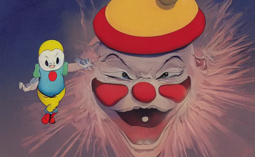 Prompt: the silly clown awoke from its slumber beneath the bed frame, digital painting masterpiece, haunting beautiful brush strokes, painted by Moebius and Hayao Miyazaki and Akira Toriyama