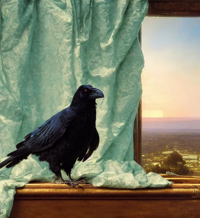 Image similar to a beautifully photoreal clear detailed victorian portrait of a close up raven on a victorian windowsill with an ornate velvet teal curtain at beautiful sunset daytime nature sunlit painting by frederic leighton and turner and rosetti, 8 k, octane render