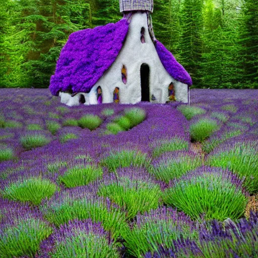 Image similar to a witch cottage made of candy, magical forest, lavender mist, floral, photography by ansel adams