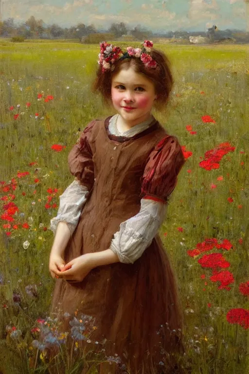 Image similar to Solomon Joseph Solomon and Richard Schmid and Jeremy Lipking victorian genre painting portrait painting of a happy young village girl in an open field of flowers, red background