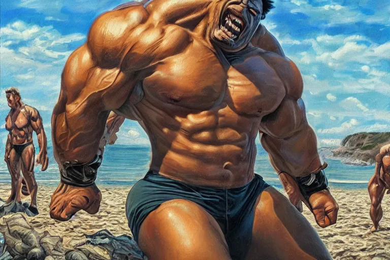 Prompt: grey hulk hanging out at the beach, oil on canvas, intricate, full scene, 8 k highly professionally detailed, hdr, joe jusko