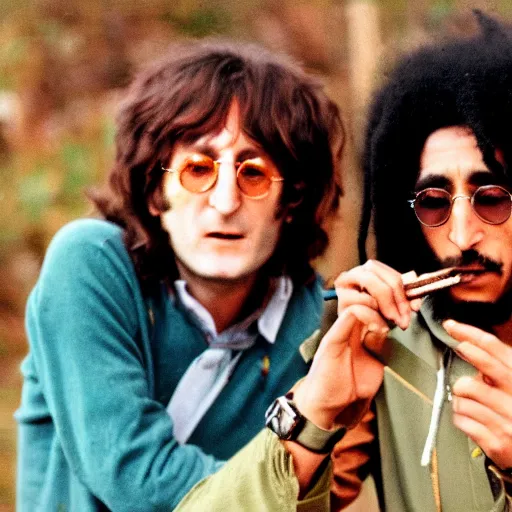 Image similar to john lennon smoking a joint with bob Marley, photograph by Willy Spiller, 1970s