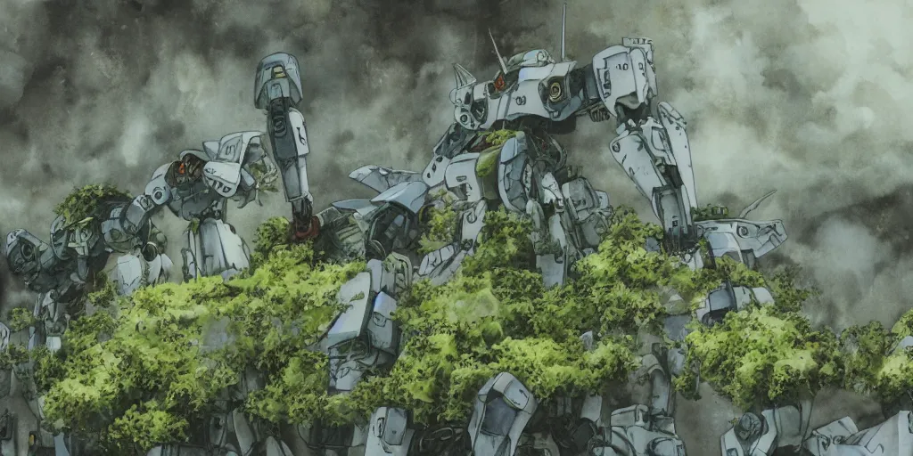 Image similar to Abandoned mecha overgrown with moss, oppressive atmosphere, low contrast, cloudy, Hideaki Anno, watercolor, Patlabor, Gunbuster