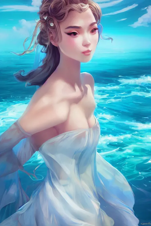 Image similar to a beautiful fashion goddness of love, chic strapless dress, tropical sea background, character design, in the style of artgerm, and wlop, cinematic lighting, hyperdetailed, 8 k realistic, symmetrical, global illumination, radiant light, frostbite 3 engine, cryengine, dof, trending on artstation, digital art