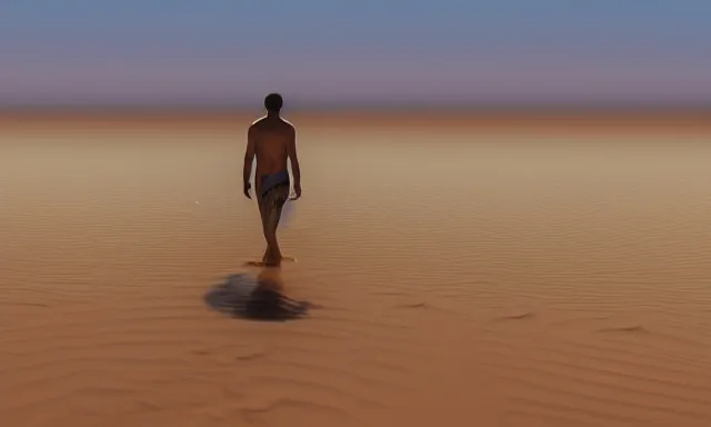 Prompt: a man made of water walking in the sahara, photorealistic, cinematic lighting, 8 k, extremely detailed