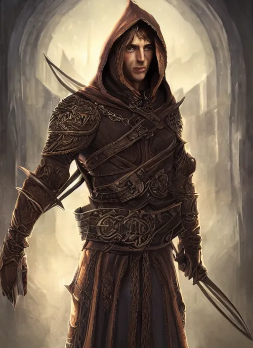 Prompt: a serious hooded half elf middle aged male rogue, strong, full body, 8 k, hyperrealistic, lowlife, ruffian, hyperdetailed, fantasy portrait by laura sava