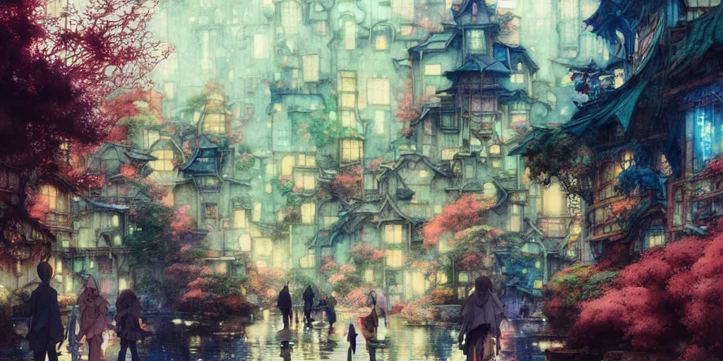 Image similar to anime movie scene, characters walk, waterway, fantasy. intricate, amazing composition, colorful watercolor, reflections, by ruan jia, by maxfield parrish, by koji morimoto, by hikari shimoda, by sparth, by zhang kechun, illustration, gloomy