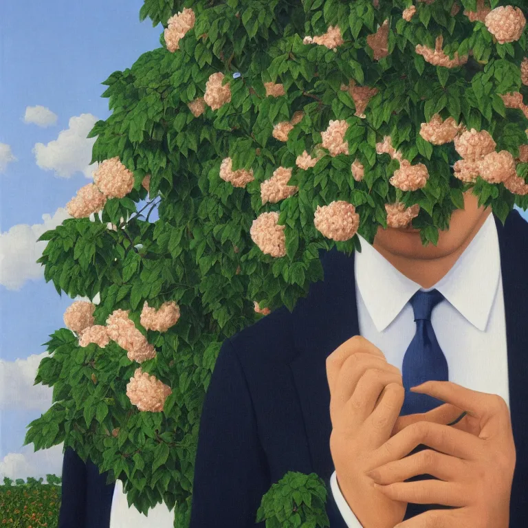 Image similar to portrait of man in a suit with flowers hiding his face by rene magritte, detailed painting, hd, hq, high resolution, high detail, 4 k, 8 k