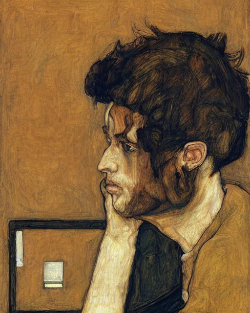 Image similar to portrait of a hacker by egon schiele in the style of greg rutkowski