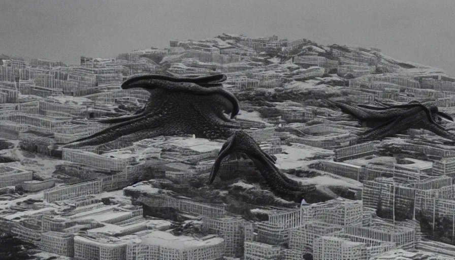 Image similar to a film still of a north korean monster movie, kaiju - eiga monster starfish - like over traditional korean palace split in half, film noir, video compression, ripple effect