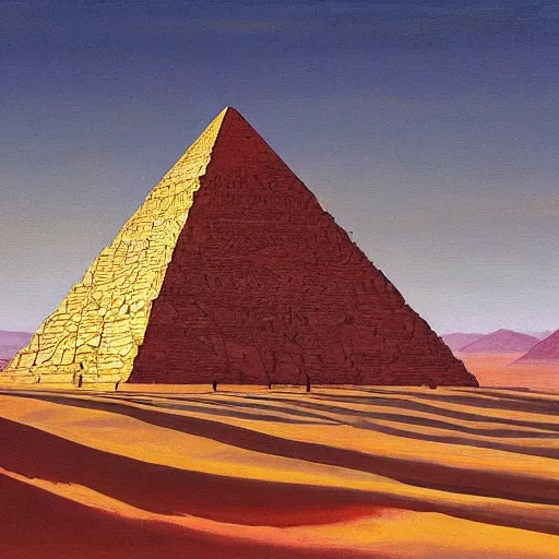 Image similar to a beautiful painting of a large pyramid floating above a vast desert with people gathered underneath by moebius