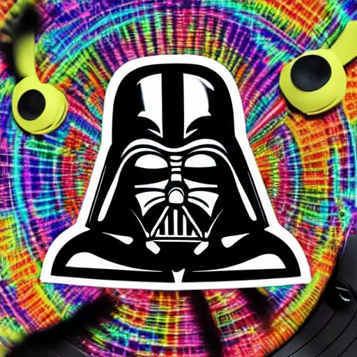 Image similar to svg sticker of a Pop-Wonder Darth-Vader at a rave, spinning records, giant headphones rocking out, wearing headphones, huge speakers, dancing, rave, DJ, spinning records, digital art, amazing composition, rule-of-thirds, award-winning, trending on artstation, featured on deviantart