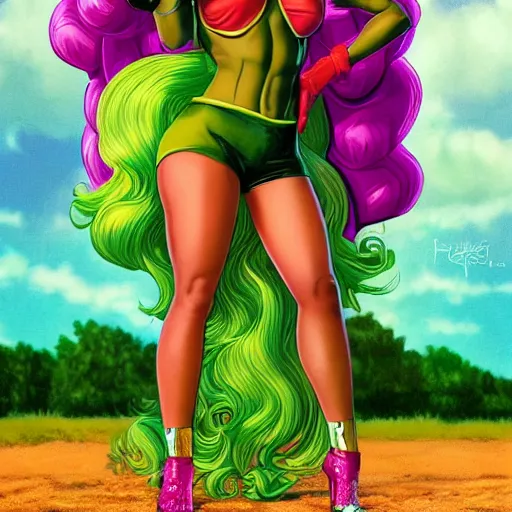 Image similar to Singer Beyoncé as She-Hulk, smiling, photorealistic, comic pinup style, sports illustrated, detailed legs, hyperreal, surreal, artstation, bokeh, tilt shift photography, photo illustration, Roge Antonio, Jen Bartel