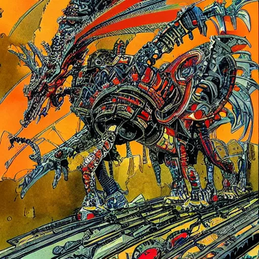 Prompt: middle age knight riding a giant mechanical dragon, art by philippe druillet,