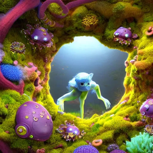 Prompt: child satyr, moss, floating, rbc, radiolaria, protophyta, micro - organisms, center frame, symmetric, rim light, marine microbiology, underwater, bioluminescence, electric, soft, concept art, intricate details, highly detailed, colorful, photorealistic, disney pixar, octane render, iridescent, anime, 8 k