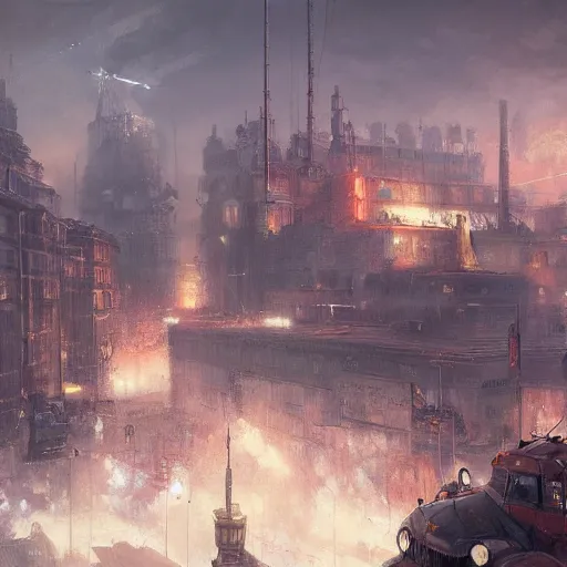 Prompt: highly detailed painting of dieselpunk stockholm, by greg rutkowski, 4 k resolution