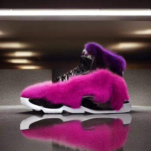 Image similar to poster nike shoe made of very fluffy colorful faux fur placed on reflective surface, professional advertising, overhead lighting, heavy detail, realistic by nate vanhook, mark miner