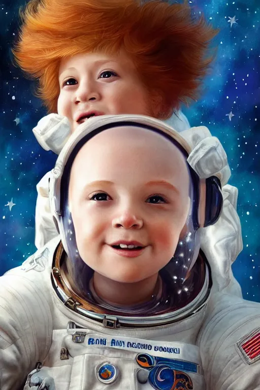 Prompt: a little boy with a cherubic michievous face and ginger hair floating in space, surrounded by stars. he is an astronaut, wearing a space suit. clean elegant painting, beautiful detailed face. by raymond swanland and artgerm and greg rutkowski