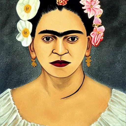 Image similar to a cream colored havanese dog as frida kahlo, portrait by frida kahlo