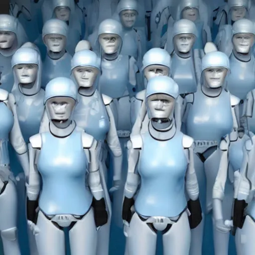 Prompt: troop of cloned women with white bob hairdos, tight light blue space trooper suits, futuristic cloning facility, sci - fi, highly detailed, cinematic
