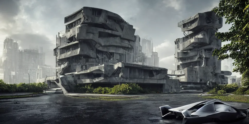 Image similar to highly detailed futuristic car, on the background brutalist architecture by Le Corbusier, abandoned buildings, empty streetscapes, surrounded by lush green vegetation, ground-level view, puddles of water, stunning volumetric lighting, sunset, trending on Artstation, 8k, photorealistic, hyper detailed, unreal engine 5, cinematic, epic lighting, cryengine, octane render, nvidia ray tracing, cyberpunk, red and orange glow, dark, gloomy