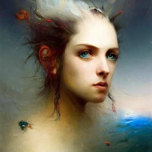 Image similar to three-quarters portrait with papery flaking skin, piercing multi-colored eyes, and under water flowing hair, dreams of the fae; painted in oil on canvas; surrealism by Aleksi Briclot and Ivan Aivazovsky