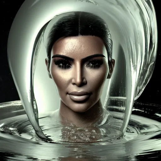 Prompt: epic still of a kim kardashian with trapped in a transparent alien liquid, wet flowing hair, gooey skin, illustration, unreal engine 5, 8 k, made by h. r. giger