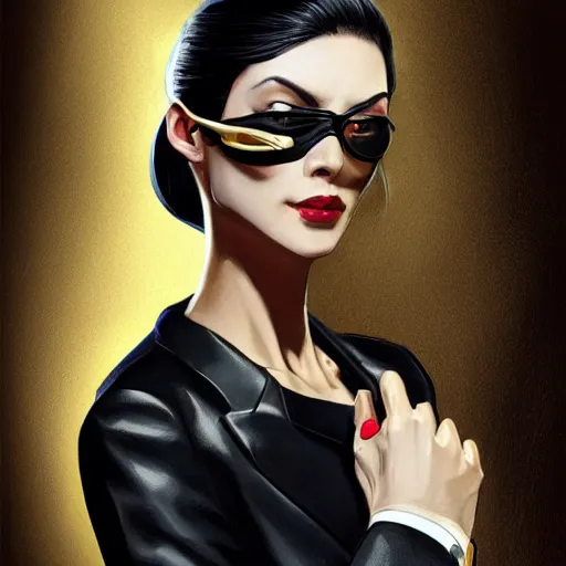 Image similar to Goro Majima as slim girl, gold suit jacket in snake print, black leather gloves, short black hair, black eye patch, elegant, 2d, ultra highly detailed, digital painting, smooth, sharp focus, artstation, art by Ilya Kuvshinov