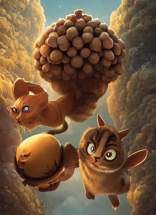 Image similar to round antropomorphic acorn and cat in world adventure movie by nuri iyem, james gurney, james jean, greg rutkowski, anato finnstark. pixar. hyper detailed, 5 0 mm, award winning photography, perfect faces