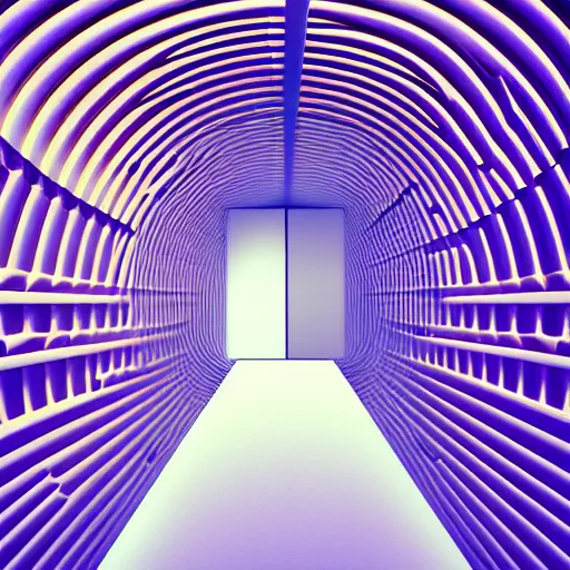 Image similar to noisy color photograph of a retrofuturist liminal space, twisting hallways, minimalist, cinematic, soft vintage glow, 3d render, photorealism