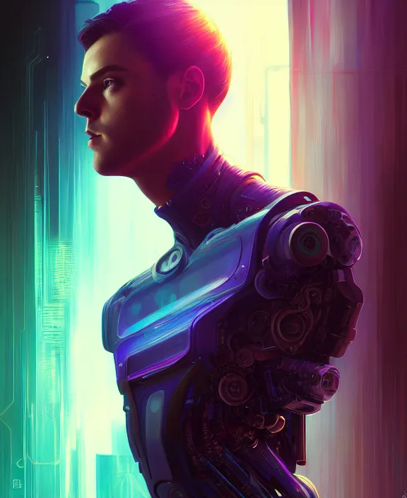 Image similar to a whirlwind inside the metaverse, guy, male, man, hologram, half body, neurochip, android, cyborg, cyberpunk face, by loish, d & d, fantasy, intricate, elegant, highly detailed, colorful, digital painting, artstation, concept art, art by artgerm and greg rutkowski and alphonse mucha