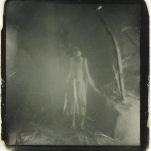 Image similar to an ancient evil-girl devouring the souls of the human kind on a mysterious Colombian jungle, mist, abandoned house, 1910 polaroid photography, grainy film, Black and white