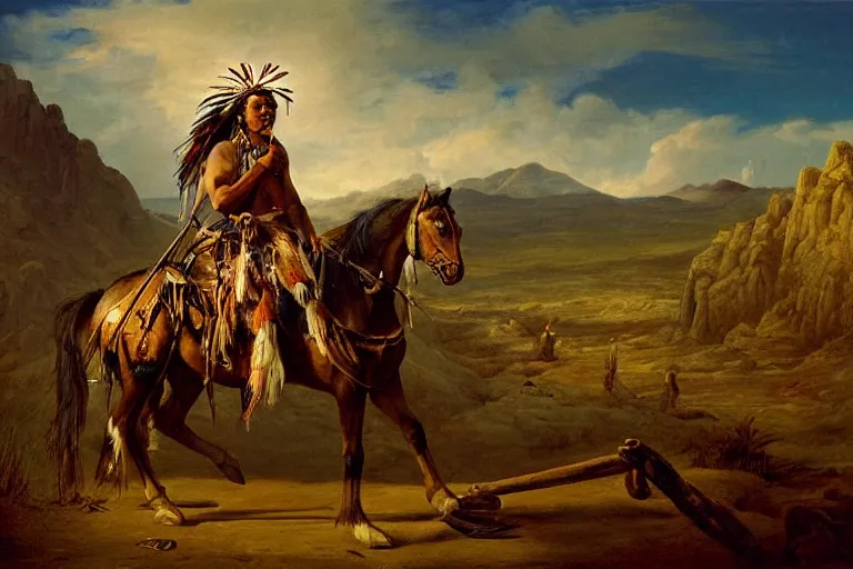 Prompt: a full length extremely detailed masterpiece painting of one rugged warrior american native apache with a feather in his head - ban sitting on his horse surveying a rugged texas big bend background, in the style of george catlin, insanely detailed, extremely moody lighting, glowing light and shadow, atmospheric