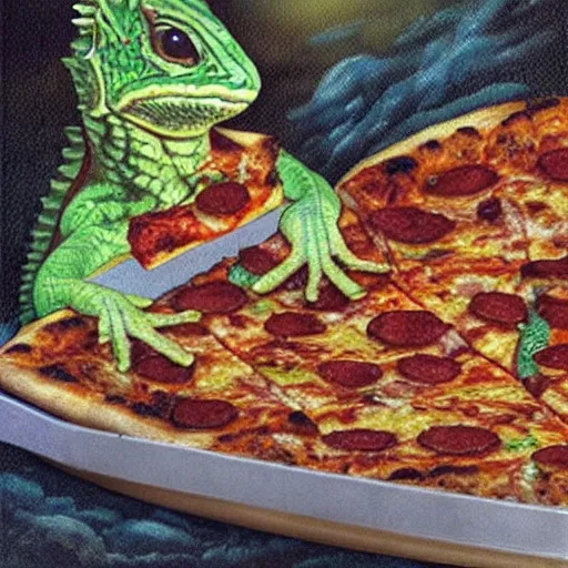 Image similar to lizard man, eating pizza, thunderstorm, texas, crying