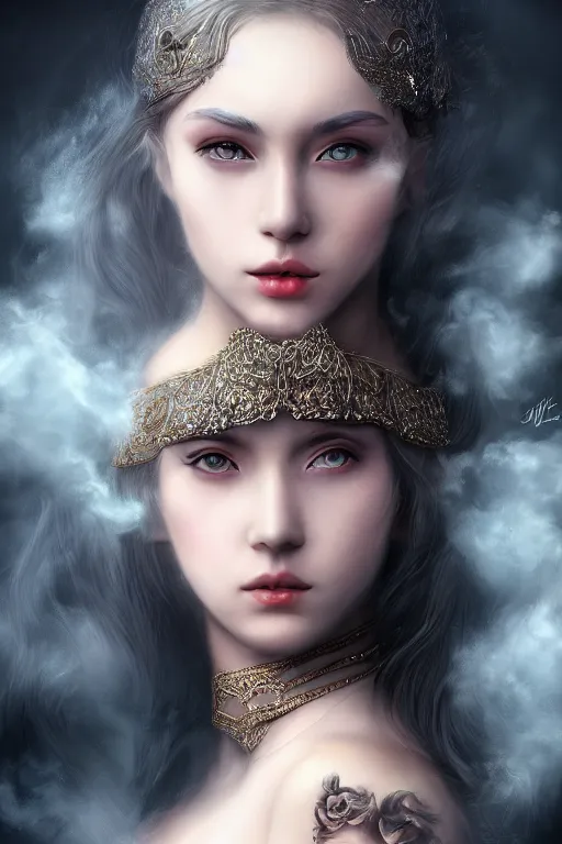 Image similar to Goddes of Clouds, Mist and Smoke, , pretty face, ultra detailed, digital art, 8k ,character ,realistic, portrait, hyperrealistic