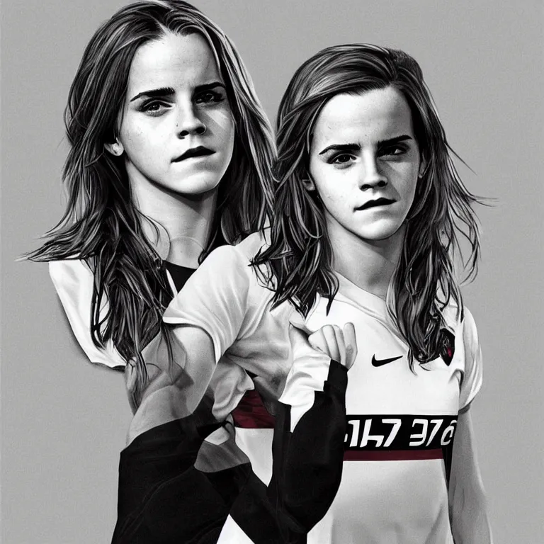 Image similar to emma watson as a lokomotiv football player, face portrait, hyper realistic, highly detailed