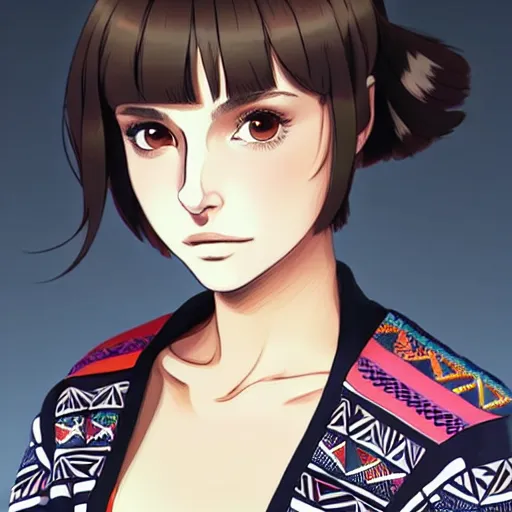 Image similar to a beautiful! boyish! natalie portman alluring gravure! model, wearing oversized aztec bomber jacket and leotard, poofy bomber jacket with mayan patterns, gapmoe yandere grimdark, trending on pixiv fanbox, painted by greg rutkowski makoto shinkai takashi takeuchi studio ghibli, akihiko yoshida