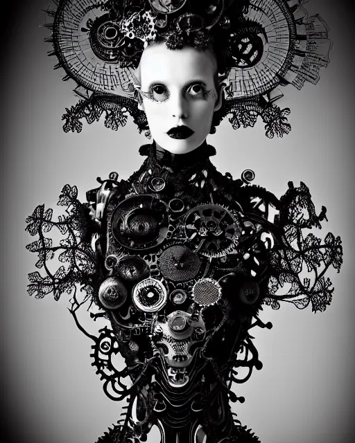 Image similar to surreal dark poetic black and white photo portrait of complex bio-mechanical beautiful young silver female vegetal-cyborg with a Mandelbrot fractal steampunk metal fine lace face, a very long neck and a fine metal floral foliage super big lace collar by Vivienne Westwood:: smoke, high fashion, haute couture, rococo, steampunk, avant-garde, silver filigree details, anatomical, facial muscles, cable wires, microchip, elegant, dreamy, foggy atmosphere, hyper realistic, 150 mm lens, soft rim light, octane render, unreal engine, picture was taken in 1910 by Man Ray, volumetric lighting, dramatic light,8k,