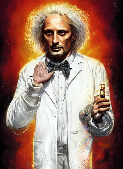 Prompt: formal portrait of mads mikkelson as doc brown wearing white lab coat. digital art by eugene de blaas, ross tran, and nasreddine dinet, vibrant color scheme, intricately detailed, in the style of romanticism, cinematic, artstation, greg rutkowski