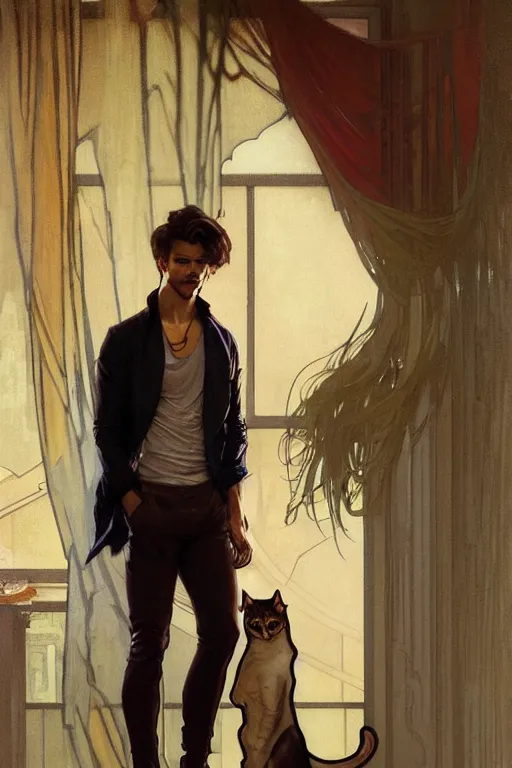 Image similar to full body portrait of a single beautiful young fit man, modern haircut, open shirt, large pants, holding a cat. by greg rutkowski and alphonse mucha, d & d character, in front of a modern room background, highly detailed portrait, digital painting, artstation, concept art, smooth, sharp focus ilustration, artstation hq