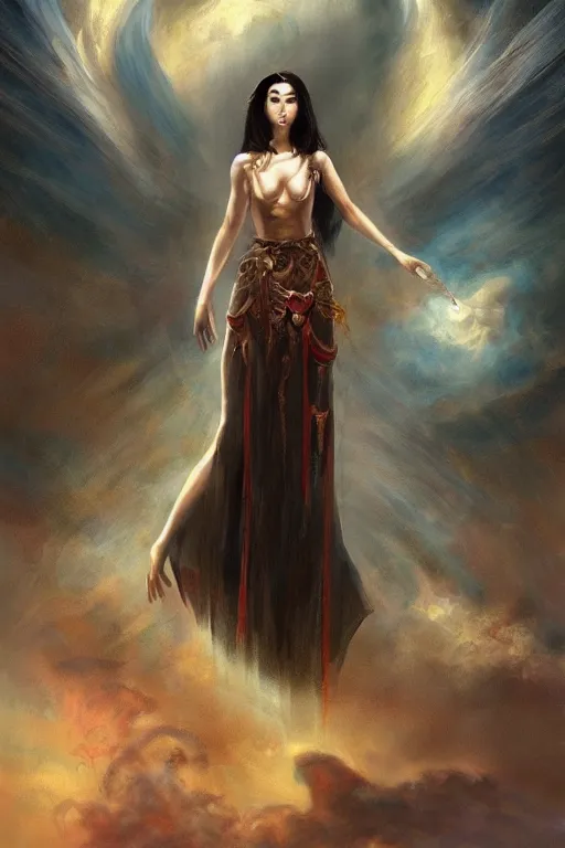 Prompt: a beautiful Japanese female wizard standing on a cloud, style of Boris Vallejo and Frank Frazetta, hyper realistic, very detailed, fantasy art, matte painting, trending on artstation and deviantart